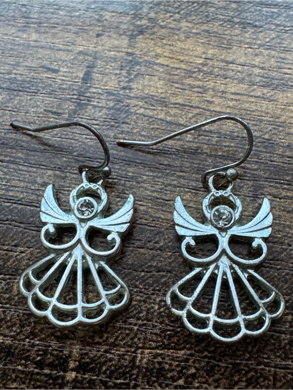 Silver Tone Angel Dangle Earrings With Rhinestones New
